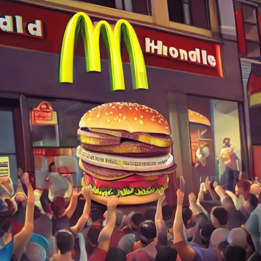 Image similar to people riot for getting macdonalds hamburgers. artstation, art surreal