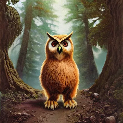 Image similar to three quarter portrait of an owlbear in the forest, d & d, fantasy, boris vallejo,