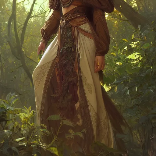 Image similar to a painting of woman tree druid with leaf themed clothing, fully clothed, D&D, fantasy, intricate, cinematic lighting, highly detailed, digital painting, artstation, concept art, smooth, sharp focus, full body, illustration, art by Artgerm and Greg Rutkowski and Alphonse Mucha