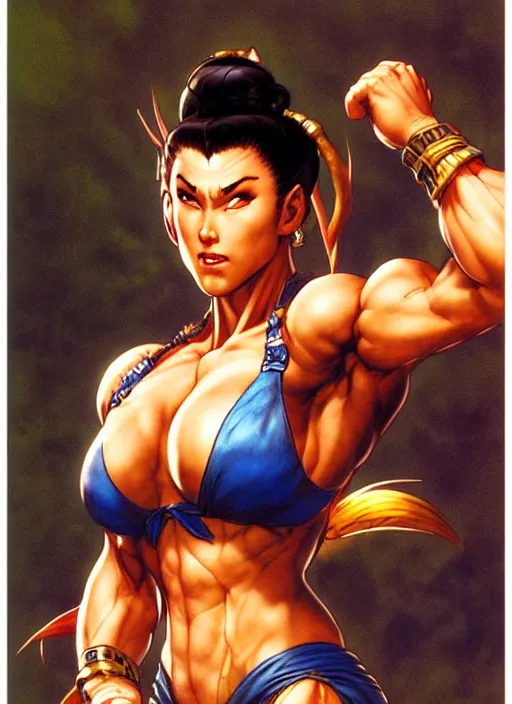 Image similar to portrait, chun - li from street fighter, by greg staples, frank frazetta, dorian cleavenger, sharp focus, intricate, summer day, sunlight, soft lighting, detailed