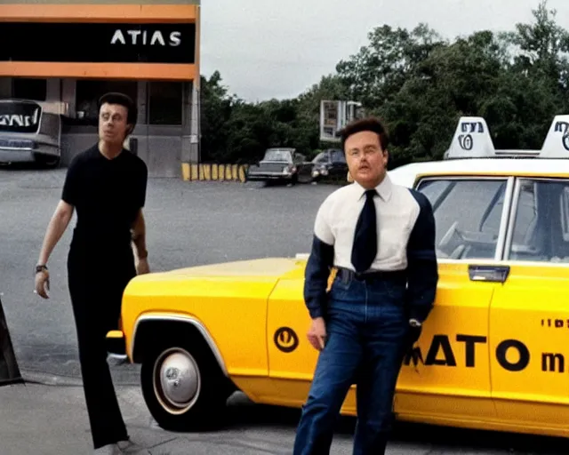 Image similar to elon musk walking in front of a taxi car, in front of a gas station, 1 9 7 0 s photo