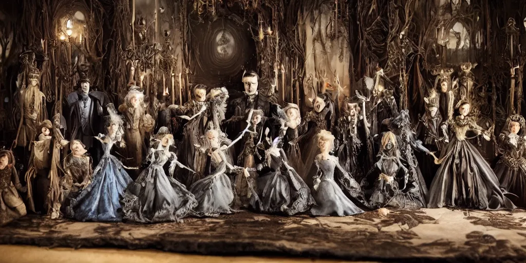 Image similar to photo taken of an epic intricate, ultra detailed, super realistic stop motion puppets of some majestic gracious regal aristocratic vampires in a gothic victorian filmset studio created by weta workshop and directed by tim burton, menacing, wide angle, full body shots, photorealistic, sharp focus, gloomy, extremely cold blueish colour temperature, 3 5 mm, f 1. 4