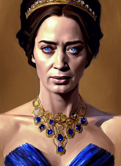 Image similar to portrait of emily blunt as queen, jewelry, greek, sapphire, victorian age, 1 8 9 0, intricate, headshot, key visual, conceptart, ambient lighting, highly detailed, digital painting, artstation, concept art, sharp focus, by makoto shinkai and akihiko yoshida and greg manchess