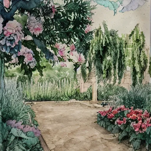 Image similar to delicate marble in a botanic garden, stony, puffy clouds, botanical herbarium paper, watercolor colored painting and pencil, iridescent colors, 8 k, realistic shaded, fine details, artstation, italian, colonnade, vines, flowers, gardena architecture, pompeii