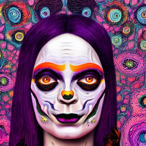 Image similar to An extremely psychedelic portrait of the Addams Family, surreal, LSD, face, detailed, intricate, elegant, lithe, highly detailed, digital painting, artstation, concept art, smooth, sharp focus, illustration