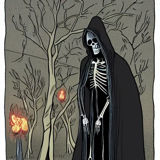 Image similar to a skeleton in black cloak by Matt Bors