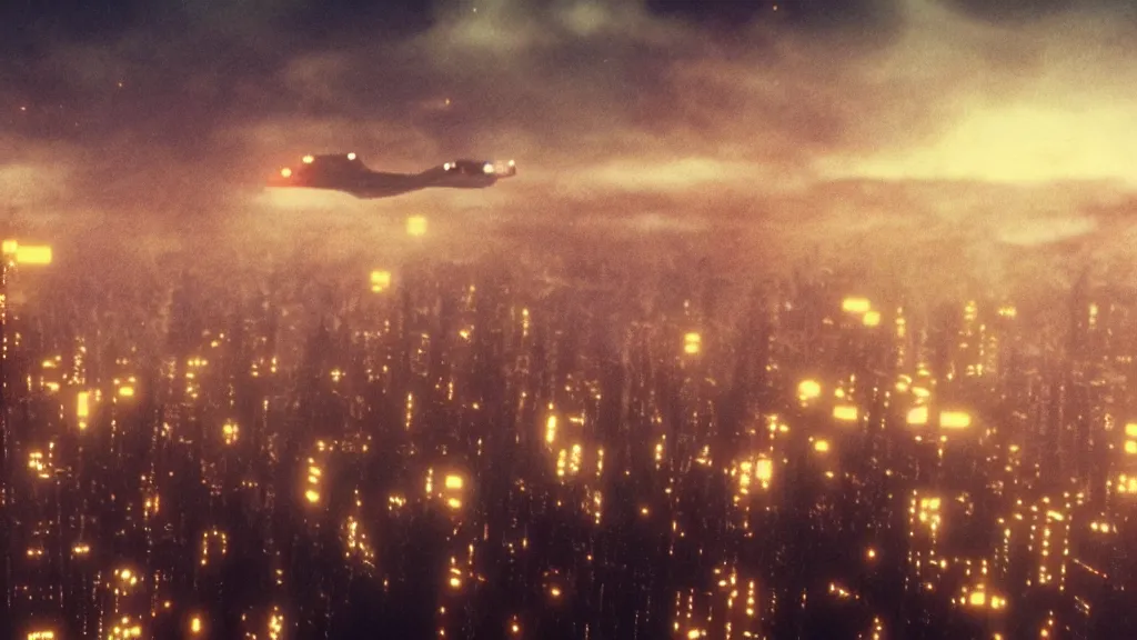 Prompt: spaceship flying over city, a screenshot of blade runner