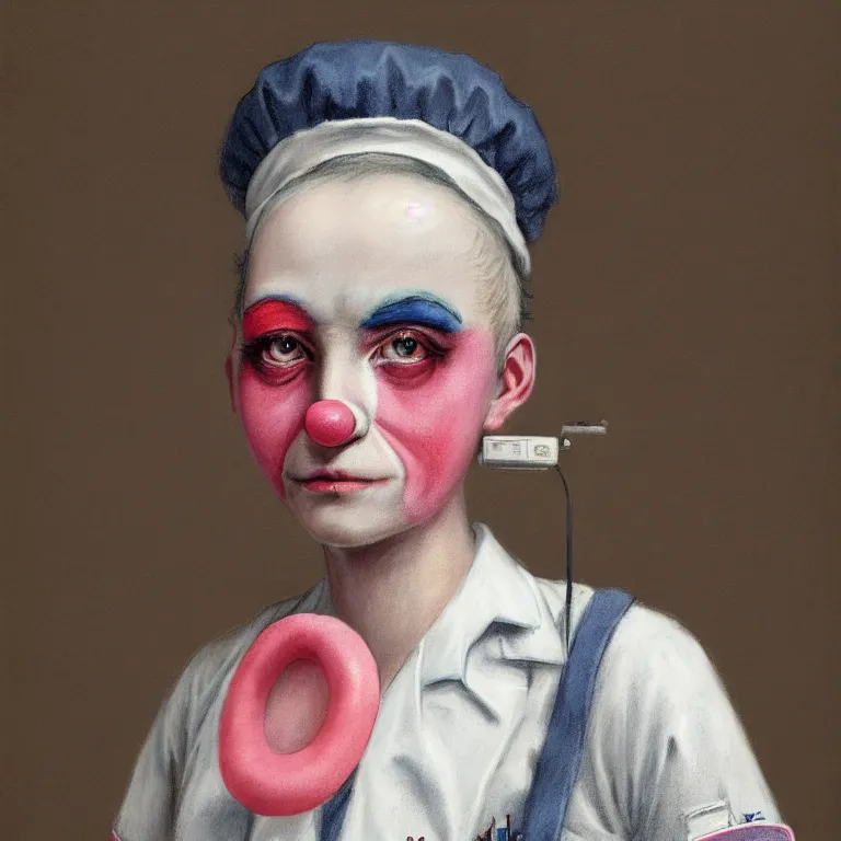 Image similar to clowncore pastel punk young hospital nurse wearing stylish uniform. detailed, portrait, 8 k, artwork by jean - baptiste monge