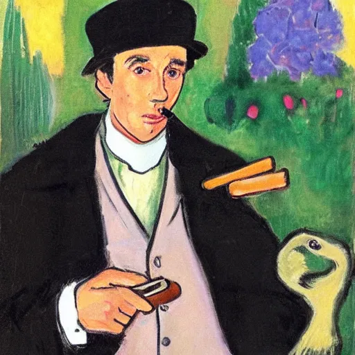 Prompt: sherlock holmes posing for a portrait, garden, duck, smoking cigar, by henri matisse