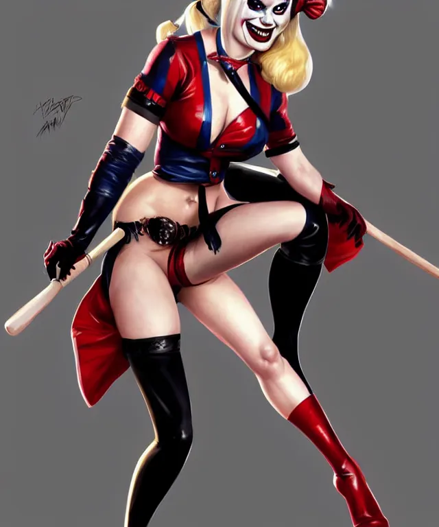 Image similar to Caricature of Margot Robbie as Harley Quinn, fully dressed. Full bodied pose, with baseball bat, highly detailed, digital painting, artstation, concept art, smooth, sharp focus, illustration, art by artgerm and greg rutkowski and alphonse mucha