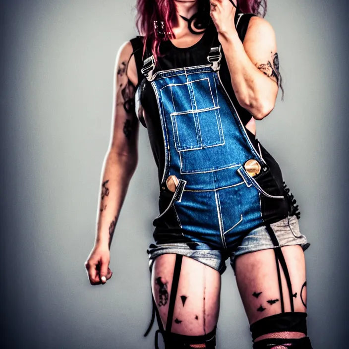 Image similar to fully body pose, photo of a very beautiful!! grungy skull woman, torn overalls, short shorts, fishnets, combat boots, 8 k, hdr, smooth, sharp focus, high resolution, award - winning photo, trending on artstation, dslr, 5 0 mm