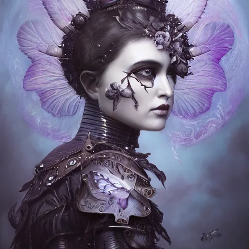 Prompt: tom bagshaw, soft painting fractal curiosities carnival, beautiful female back winged butterfly hybrid mutation in full nightshade gothic armor, accurate features, focus, very intricate ultrafine details, black white purple volumetric clouds, award winning masterpiece, octane render 8 k hd