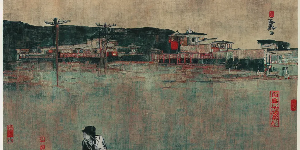 Image similar to a chinese prison near a river by peter doig, overlaid with chinese adverts