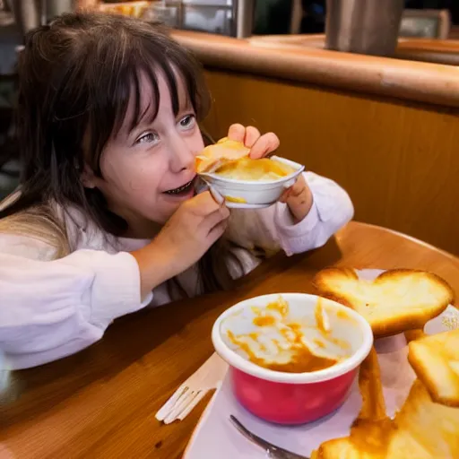 Prompt: a young girl eats a poutine in a greasy spoon restaurant, studio ghibli style