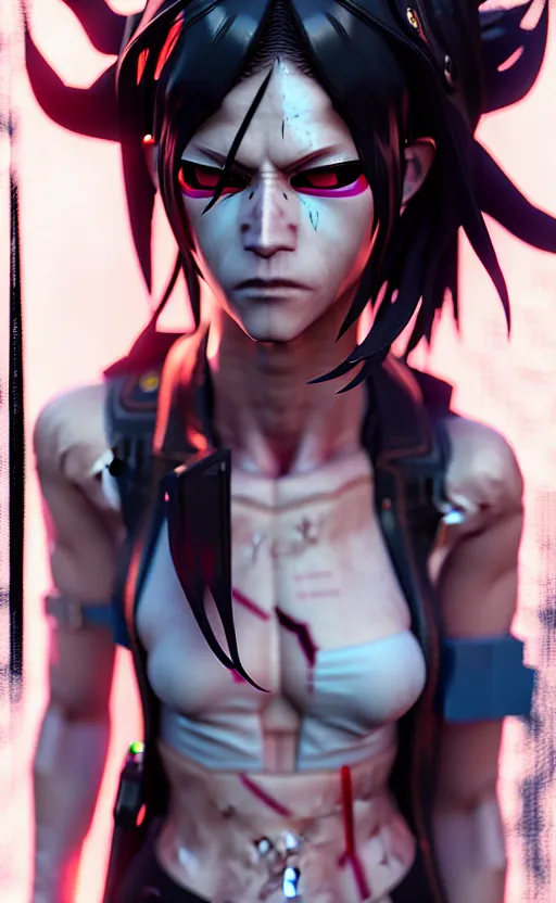 Image similar to cyberpunk anime girl walk on the street, cyberpunk oni mask, 3 / 4 shot, street night, beautiful face, grafity, arcane, detail, good face, pose model, concept art, in style of yoji shinkawa, pan ren wei, col price, atey ghailan, by greg rutkowski, aesthetic, digital painting, 3 d