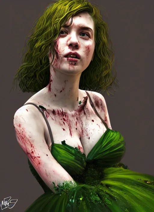 Prompt: portrait of terrified! green ball gown young woman, bloodied, emerald necklace!!! au naturel, hyper detailed, digital art, trending in artstation, cinematic lighting, studio quality, smooth render, unreal engine 5 rendered, octane rendered, art style by klimt and nixeu and ian sprigger and wlop and krenz cushart