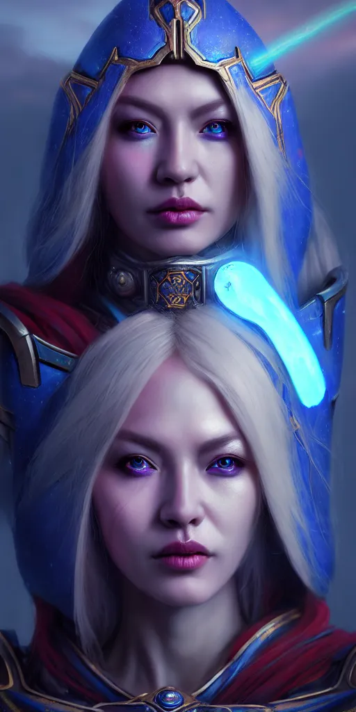 Image similar to ( ( ( ( ( hyperrealist distant portrait of empress sylvanas windrunner on a blue planet where it rains colors. ) ) ) ) ) by bayard wu, fantasy, photorealistic, octane render, unreal engine, dynamic lighting, trending on artstation, poster, volumetric lighting, very detailed faces, 4 k, award winning