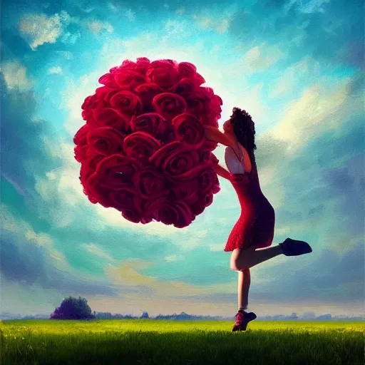 Image similar to portrait, giant rose flower head, girl dancing in a suit, surreal photography, sunrise, blue sky, dramatic light, impressionist painting, digital painting, artstation, simon stalenhag