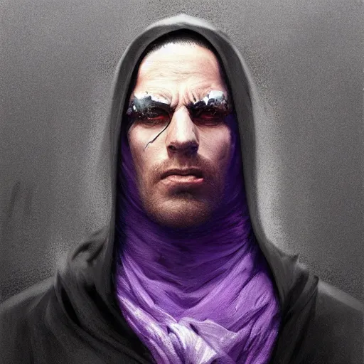 Image similar to ultra realistic illustration, man in a black hood, in a striped purple balaclava, mysterious, highly detailed, digital painting, artstation, concept art, smooth, sharp focus, illustration, art by artgerm and greg rutkowski and alphonse mucha