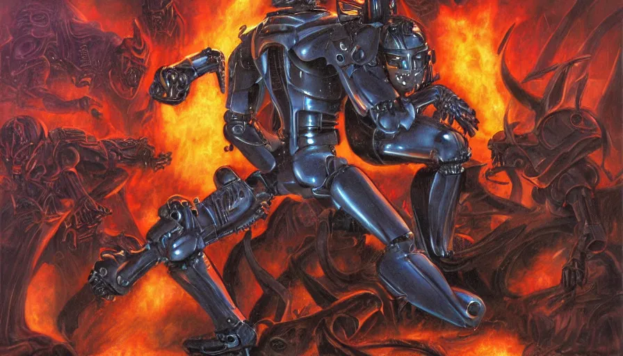 Prompt: robocop fighting demons in hell by julie bell