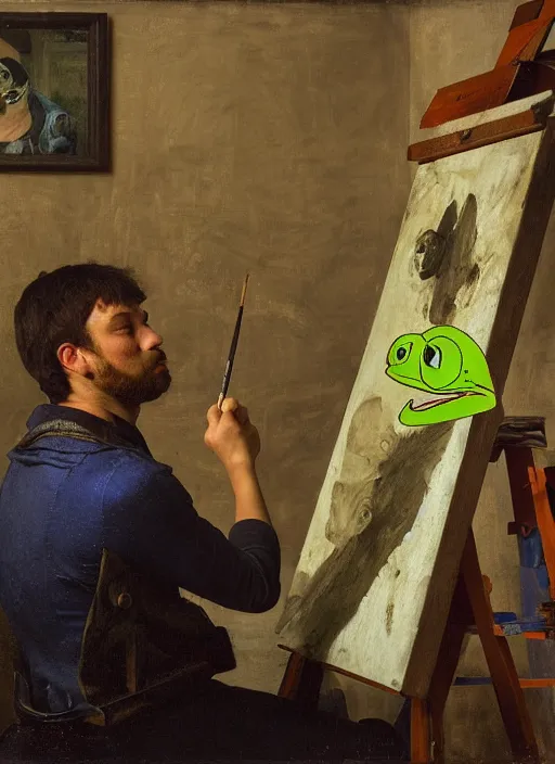 Image similar to a young painter in his studio painting a picture of pepe the frog, by edgar maxence and caravaggio and michael whelan and delacroix style, artistic, intricate drawing, cinematic lighting, hyper realistic, extremely detailed, establishing shot, 8 k resolution, dramatic lighting