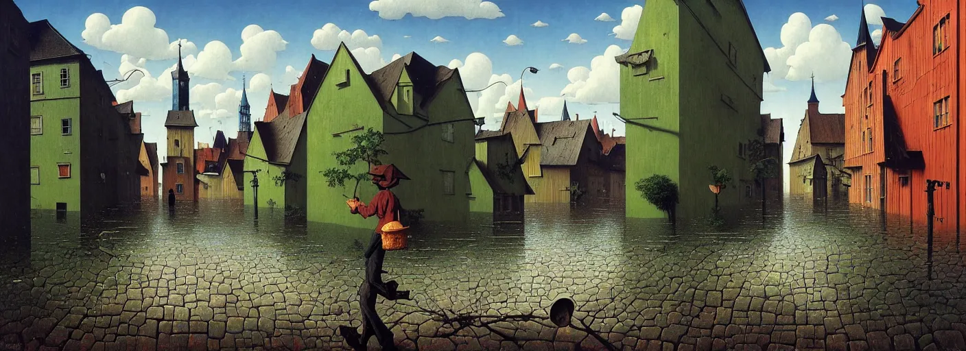 Image similar to flooded! old wooden empty cursed city street, very coherent and colorful high contrast masterpiece by gediminas pranckevicius rene magritte norman rockwell franz sedlacek, full - length view, dark shadows, sunny day, hard lighting, reference sheet white background