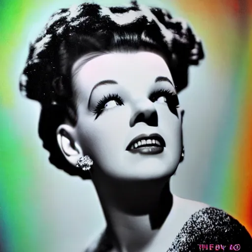 Image similar to a realistic detailed studio portrait photo of judy garland as the the bride of frankenstein, vaporwave