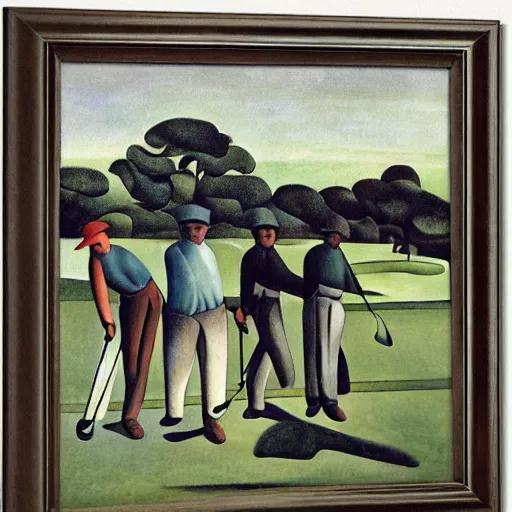 Image similar to Three golfers on a beautiful golf course, by Diego Rivera