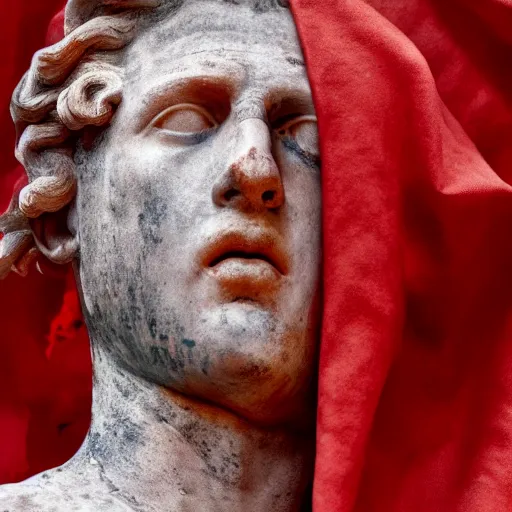 Image similar to a roman statue covered by red cloth that's blowing in the wind, digital art, concept art, cloth simulation with houdini, octane, redshift, 8 k