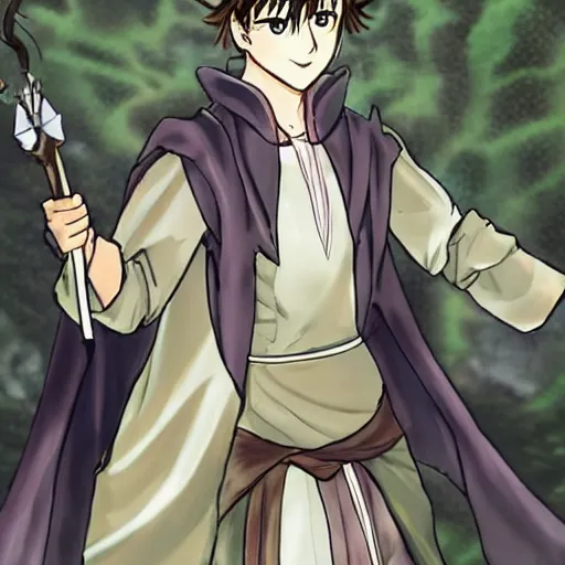 Image similar to teen fantasy boy in cloak with a staff with long brown hair covering a gem imbed on his forehead in a fantasy setting, tsubasa chronicles style, anime style