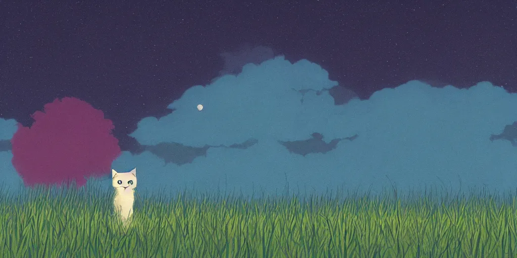 Prompt: a cat in a field by inio asano, beeple and james jean, aya takano color style, 4 k, super detailed, night sky, digital art, digital painting, celestial, majestic, colorful