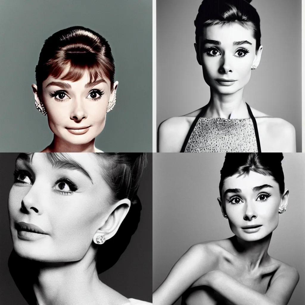 Prompt: portrait of a beautiful 20-year-old Audrey Hepburn by Mario Testino, headshot, 1990s hairstyle, detailed, award winning, Sony a7R
