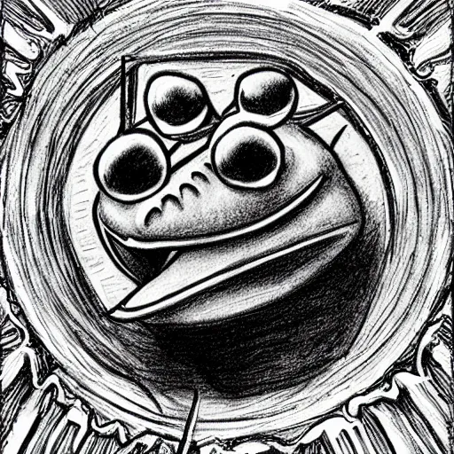 Prompt: Kermit the Frog in the deepest circle of Hell, in the style of the Divine Comedy by Dante Alighieri, pencil sketch