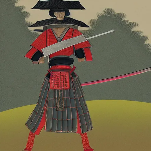 Image similar to samurai with helmet and sword in fighting position, asian styled house in background