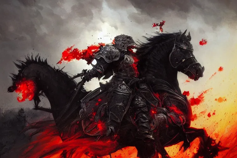 Prompt: a angry knight in full plate of black armor, splattered with blood, riding a large black horse, with red glowing eyes, flowing red mane and tail, blackened clouds cover sky, crackling with lightning, a castle in distance burns, concept art by greg rutkowski, craig mullins, todd mcfarlane,