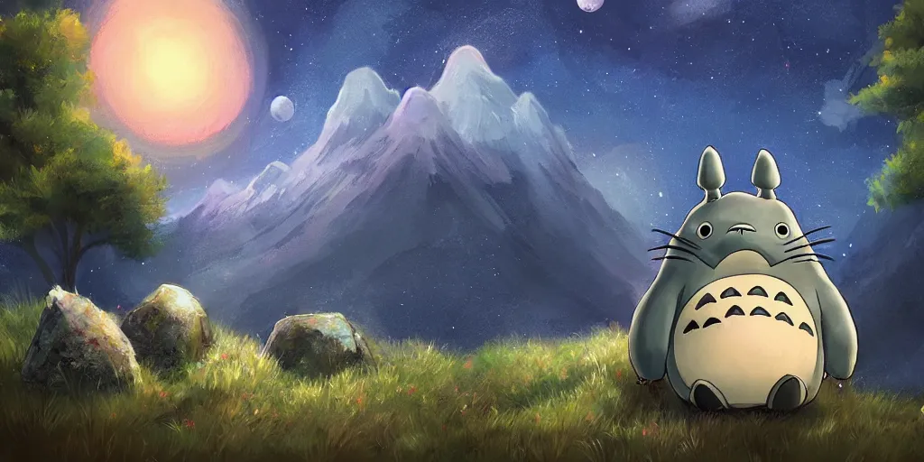 Image similar to exoskeleton totoro, mountain landscape, night sky, digital art, digital painting, celestial, majestic, playful, colorful