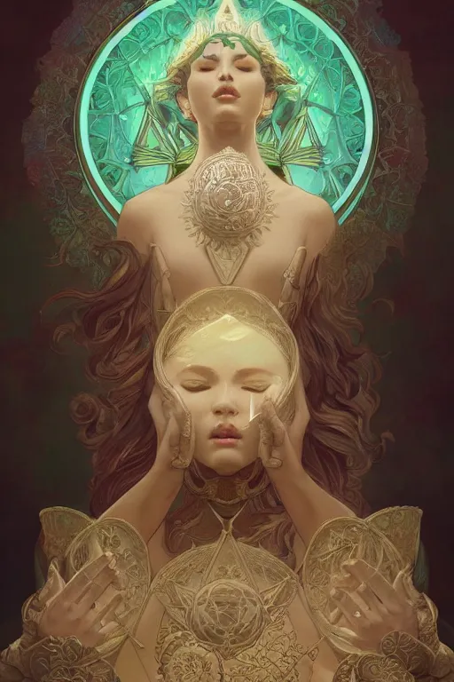 Prompt: no figure!!!!!!! | ultra realistic illustration, a jade statue of sacred geometry, intricate, elegant, highly detailed, digital painting, artstation, concept art, smooth, sharp focus, illustration, art by artgerm and greg rutkowski and alphonse mucha