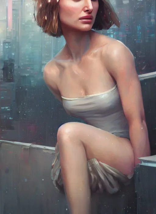 Image similar to natalie portman as a girl sitting on a rooftop, cyberpunk, medium shot, realistic detailed face, by charlie bowater, by wlop, by jeremy lipking, expressive oil painting, portrait, digital art