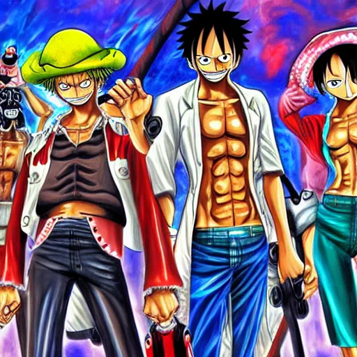 Prompt: the cast of one piece in cybernetic suits, oil painting,
