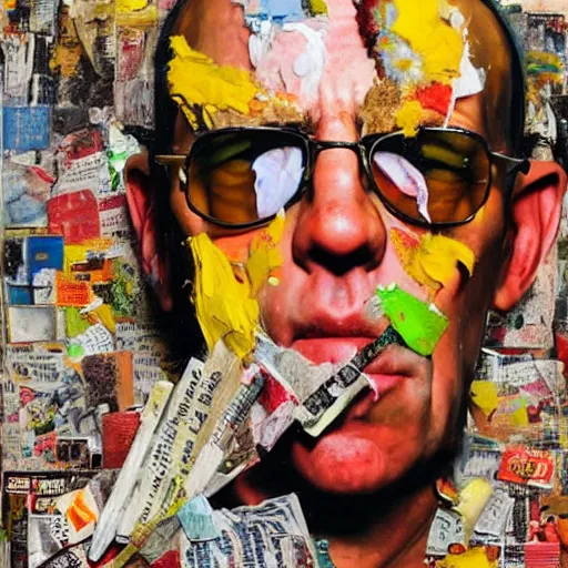 Image similar to hyperrealistic, photorealistic, mixed media oil painting of dr gonzo hunter s thompson, magazine scraps, plaster, blood, oil, mustard, cigarettes, splatter, trending on artstation, award - winning painting, greg rutkowski, basquiat, ralph steadman, terry gilliam