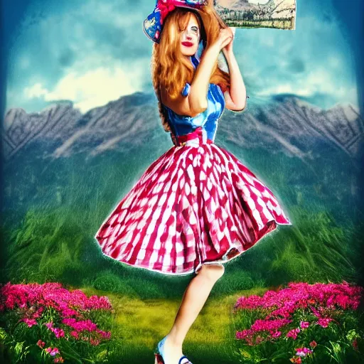 Prompt: giant alice in wonderland, pin up, houses, trees, mountains, woman, city, digital art, photo, blue dress, photoshop, flowers, collage, river, below