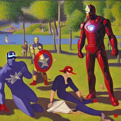 Image similar to ironman, thanos, captain america a sunday afternoon on the island of la grande jatte, painting