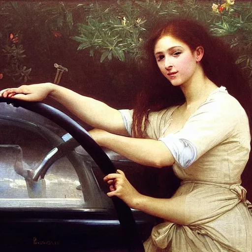 Prompt: an oil painting of an angel driving a car in a restaurant drive through, one hand on the steering wheel, exterior view, by Bouguereau, highly realistic and intricate