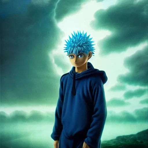 Prompt: killua zoldyck made by zdzisław beksinski, thunderstorm, lighting, blue, pose, 8 k, detailed, high quality, 8 k, detailed face, spiky hair, light, detailed eyes