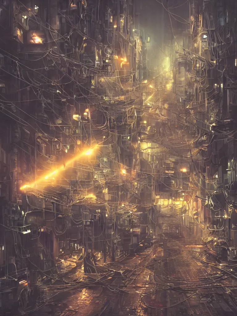 Image similar to futuristic dieselpunk street, cable stone ground. lots hanging cables, tiny wires on the ground. narrow, garbage on the ground. rain. fog, haze, evening. led screens. neon signs. very sharp. cables on the ground. very messy. futuristic. photorealistic. artstation. anime. studio gimbli style. golden rate.