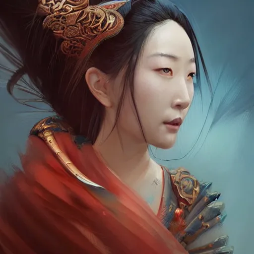 Image similar to A portrait of An beautiful!!! ancient Chinese female swordsman by Ross Tran!!! and Zhang Daqian!! and greg rutkowski! and Zdzisław Beksiński! and Ruoxin Zhang!!!,In style of digital art illustration.Symmetry.Highly detailed face.Fantasy,smooth,hyper detailed,sharp focus,Soft light.trending on artstation.