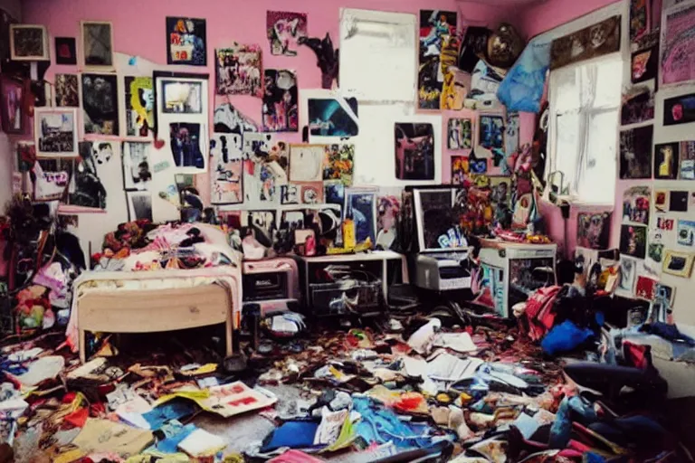 Prompt: photograph of messy 9 0 s bedroom