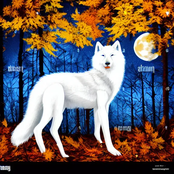 Image similar to white wolf with blue eyes stands in a dark night dormant autumn forest with magic moon in sky, no yellow color in eyes, no yellow color, realistic