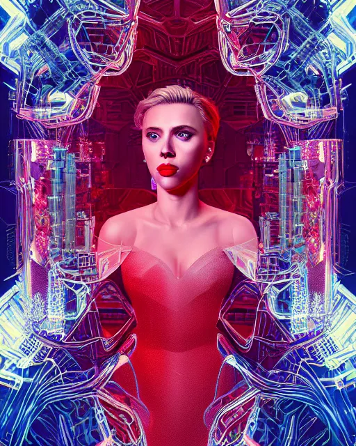 Prompt: highly detailed vfx sfx portrait of scarlett johansson, red lipstick, global illumination, detailed and intricate environment by james jean, liam brazier, victo ngai and tristan eaton