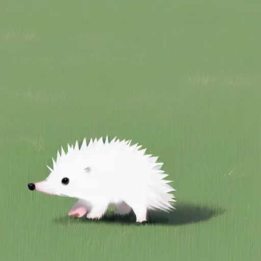 Prompt: A cute mini white hedgehog walking calmly through the field, ilustration art by Goro Fujita